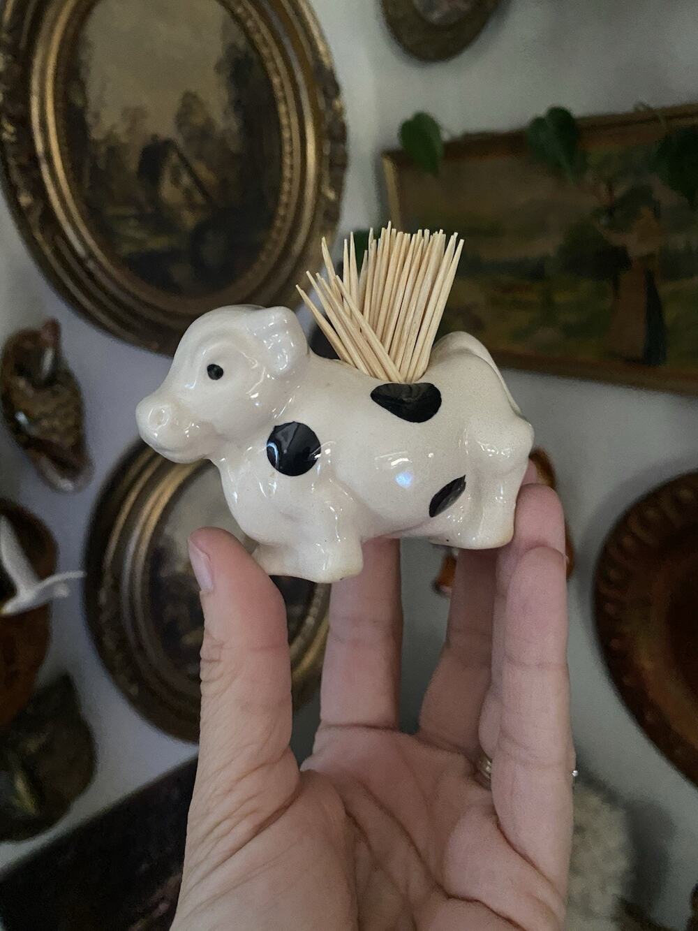 Vintage Ceramic Cow Toothpick Holder Small Black And White Cow